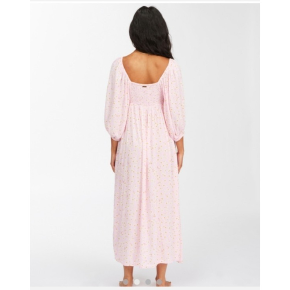 BillaBong Swept Away Midi Dress Pink Floral Puff Sleeve Smocked Cottagecore M - Picture 9 of 16